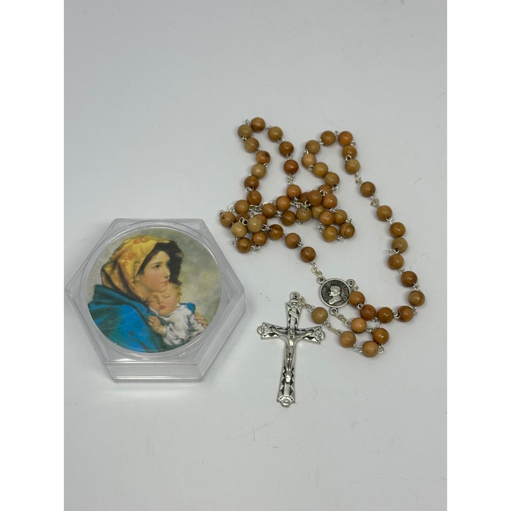 Vintage Rosary Brown Pope John Paul II Wood Bead Italy with Case D9